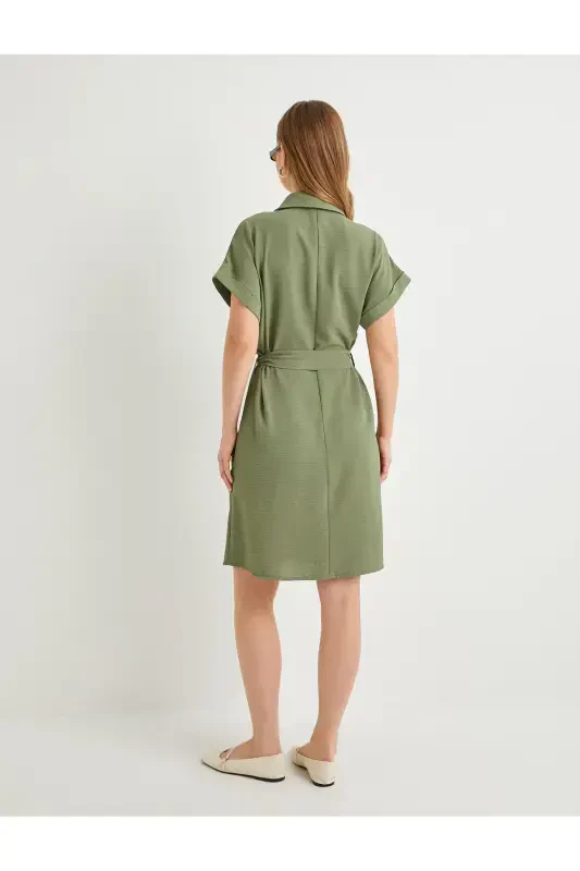 Shirt Dress Belted Waist Buttoned Pocketed-Khaki - 4