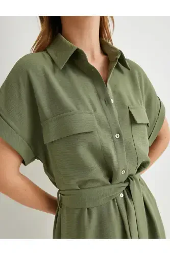 Shirt Dress Belted Waist Buttoned Pocketed-Khaki - 5
