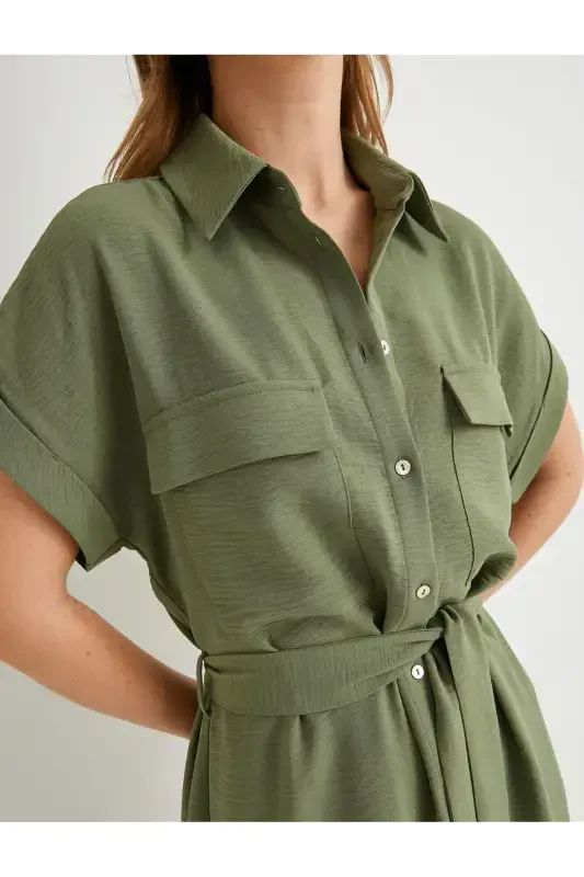 Shirt Dress Belted Waist Buttoned Pocketed-Khaki - 5