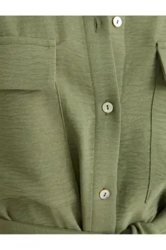 Shirt Dress Belted Waist Buttoned Pocketed-Khaki - 6