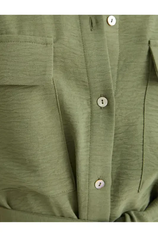Shirt Dress Belted Waist Buttoned Pocketed-Khaki - 6