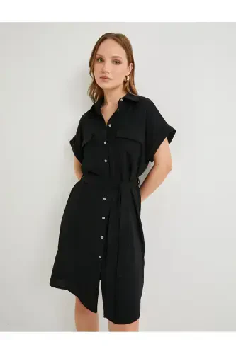 Shirt Dress Belted Waist Buttoned Pockets-Black - KOTON (1)