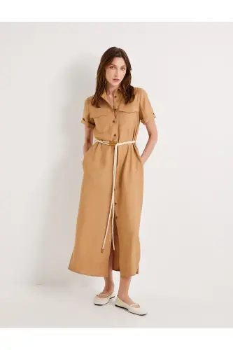 Shirt Dress Viscose Short Sleeve Buttoned Belt Detailed - 1