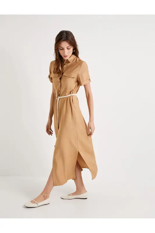 Shirt Dress Viscose Short Sleeve Buttoned Belt Detailed - 2