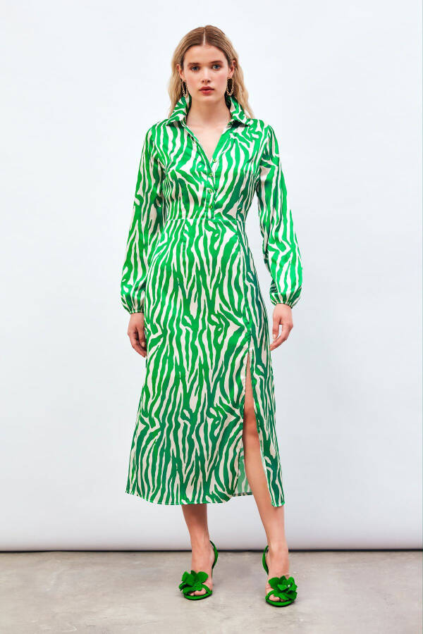 Shirt Dress with Slit Detail - GREEN - 3