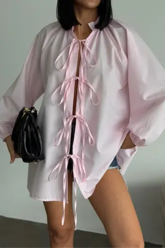 SHIRT POPLIN MANDARIN COLLAR FRONT TIE ROPE DETAILED - Pink - BÜYÜKBEDENIZ (1)