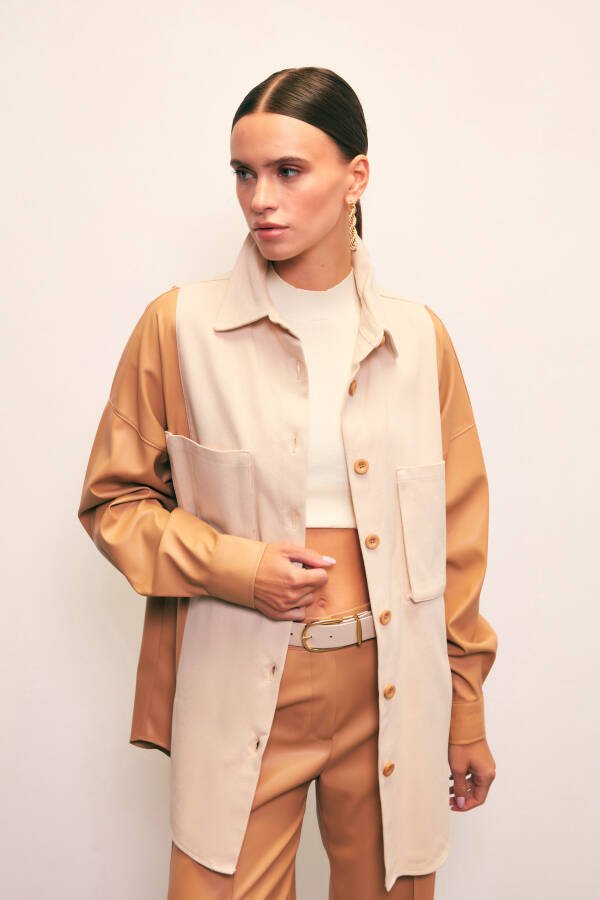 Shirt with Leather Pocket Detail - Beige-stone - 12