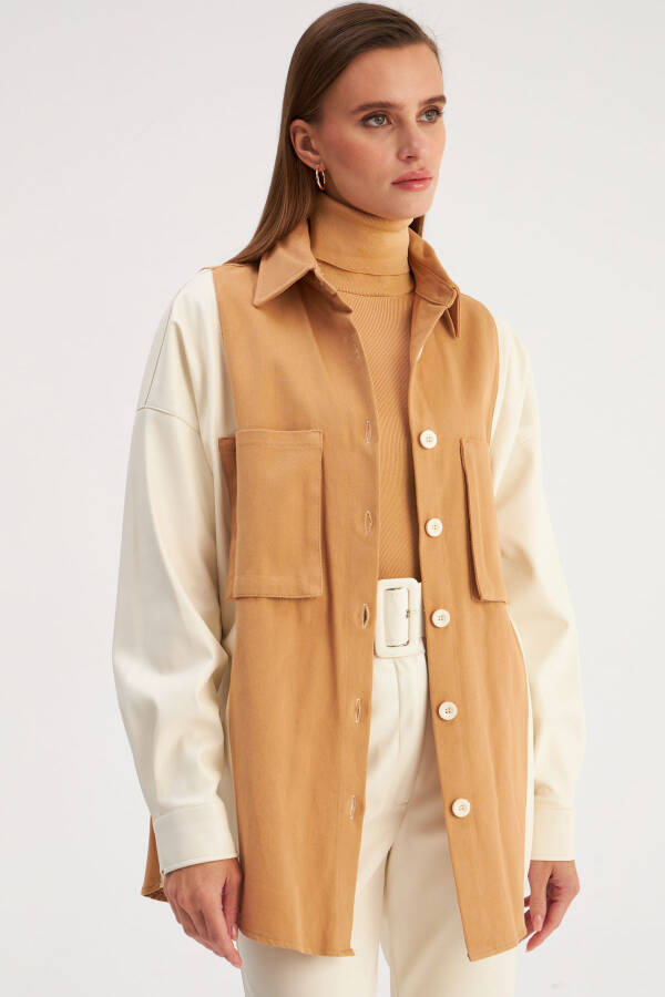 Shirt with Leather Pocket Details - Ecru-Beige - 1