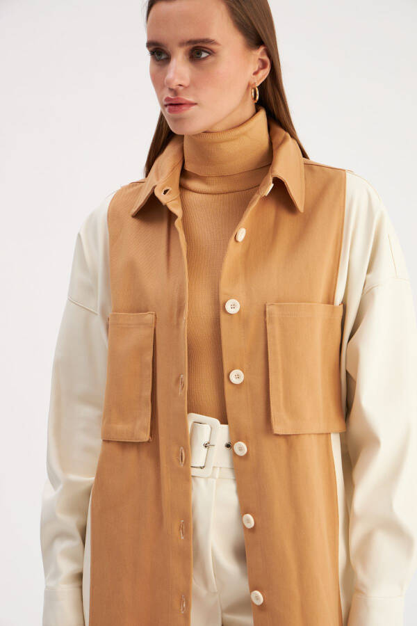 Shirt with Leather Pocket Details - Ecru-Beige - 2