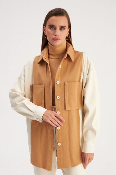 Shirt with Leather Pocket Details - Ecru-Beige - 3