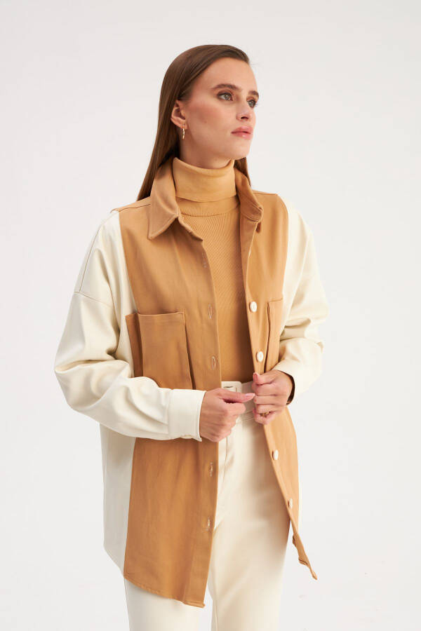 Shirt with Leather Pocket Details - Ecru-Beige - 4