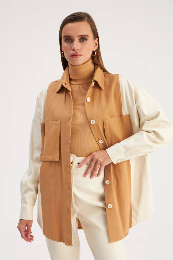 Shirt with Leather Pocket Details - Ecru-Beige - 5