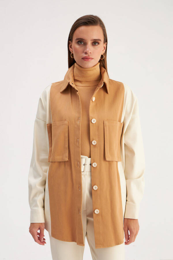 Shirt with Leather Pocket Details - Ecru-Beige - 6