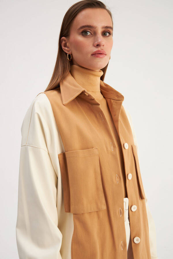 Shirt with Leather Pocket Details - Ecru-Beige - 7