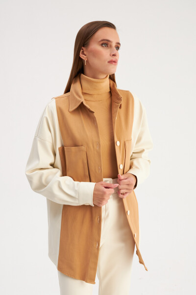 Shirt with Leather Pocket Details - Ecru-Beige - 12