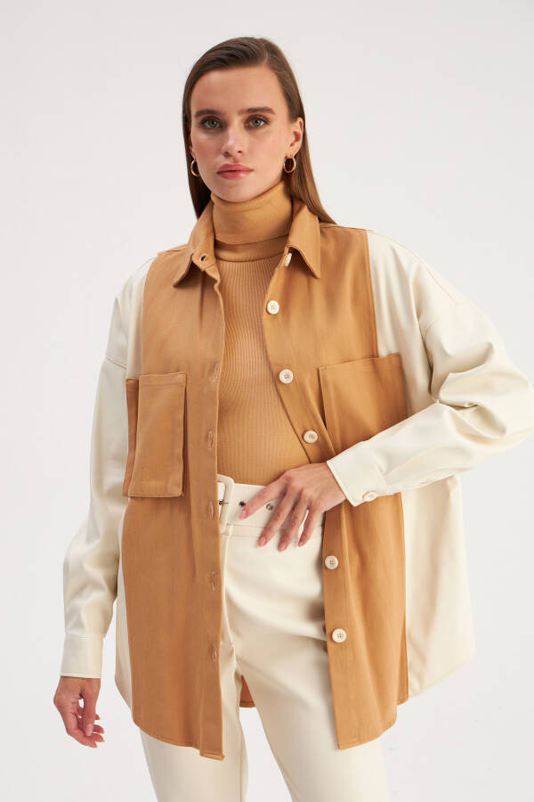 Shirt with Leather Pocket Details - Ecru-Beige - 13