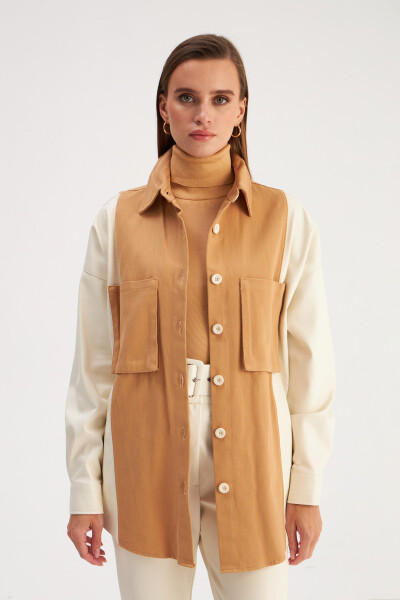 Shirt with Leather Pocket Details - Ecru-Beige - 14