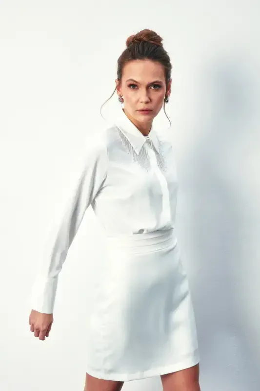 Shirt with Transparent Collar Accessory - ECRU - 3