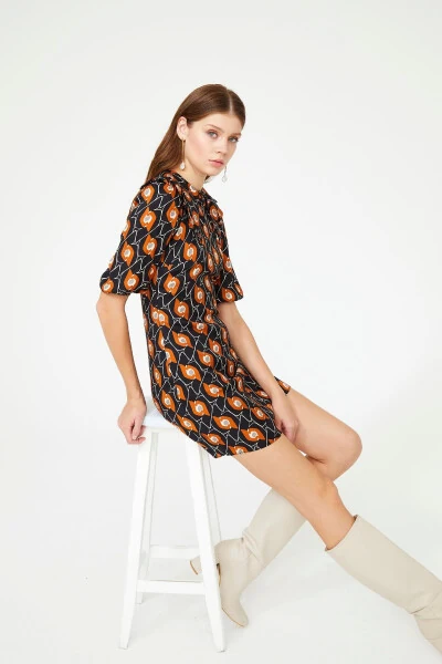 Shirtwaist Collar Patterned Dress - ADL