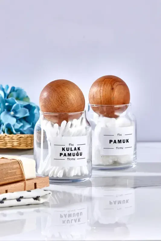 Shisha bezakli shisha qopqoqli quloq tayoqchalari va paxta bankasi 300 ml - 2