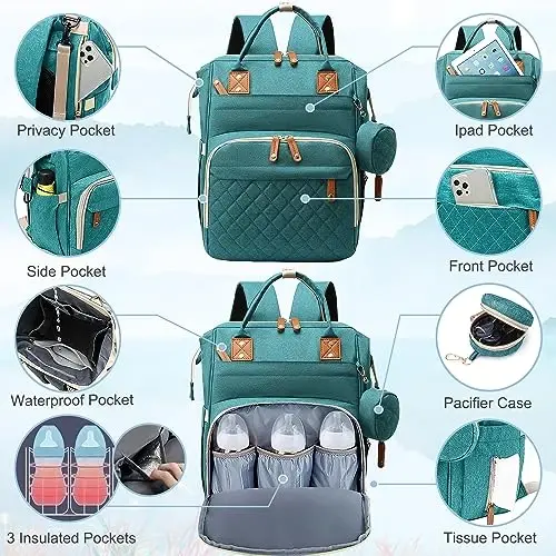 SHITIESHOU Diaper Bag Backpack Baby Bag, Baby Girl Boy Diaper Bag for Dad Mom with Pad, 16 Pockets, Pacifier Case, Large Diaper Bags Unisex for Travel (Green) - 3