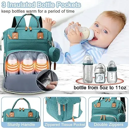 SHITIESHOU Diaper Bag Backpack Baby Bag, Baby Girl Boy Diaper Bag for Dad Mom with Pad, 16 Pockets, Pacifier Case, Large Diaper Bags Unisex for Travel (Green) - 4