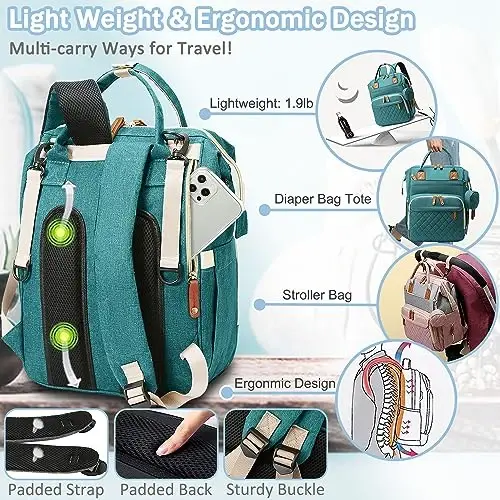 SHITIESHOU Diaper Bag Backpack Baby Bag, Baby Girl Boy Diaper Bag for Dad Mom with Pad, 16 Pockets, Pacifier Case, Large Diaper Bags Unisex for Travel (Green) - 5