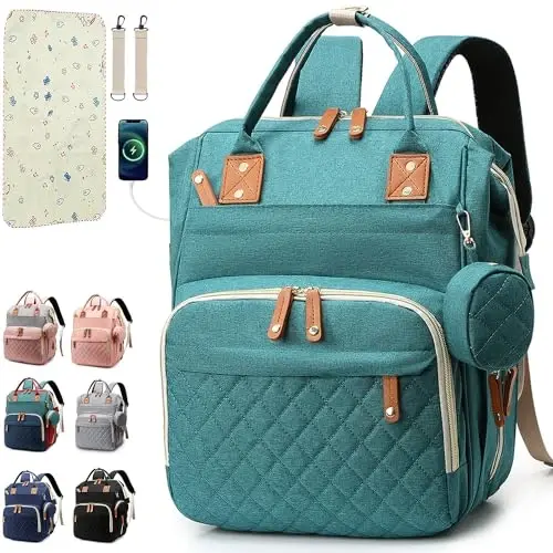 SHITIESHOU Diaper Bag Backpack Baby Bag, Baby Girl Boy Diaper Bag for Dad Mom with Pad, 16 Pockets, Pacifier Case, Large Diaper Bags Unisex for Travel (Green) - 1