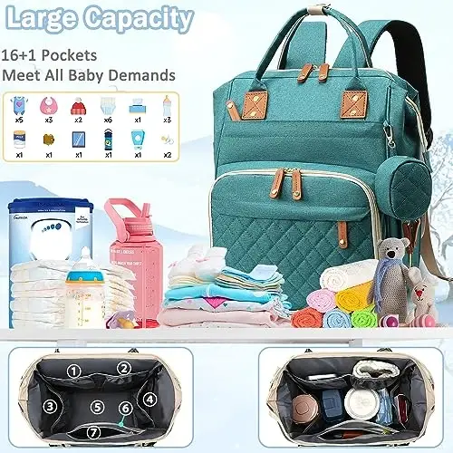 SHITIESHOU Diaper Bag Backpack Baby Bag, Baby Girl Boy Diaper Bag for Dad Mom with Pad, 16 Pockets, Pacifier Case, Large Diaper Bags Unisex for Travel (Green) - Modazone (1)