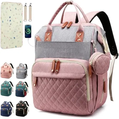 SHITIESHOU Diaper Bag Backpack Baby Bag, Baby Girl Boy Diaper Bag for Dad Mom with Pad, 16 Pockets, Pacifier Case, Large Diaper Bags Unisex for Travel(Pink Grey) 