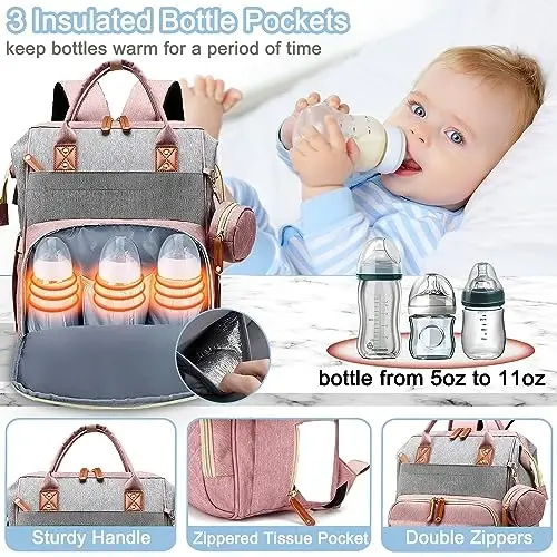 SHITIESHOU Diaper Bag Backpack Baby Bag, Baby Girl Boy Diaper Bag for Dad Mom with Pad, 16 Pockets, Pacifier Case, Large Diaper Bags Unisex for Travel(Pink Grey) - 4