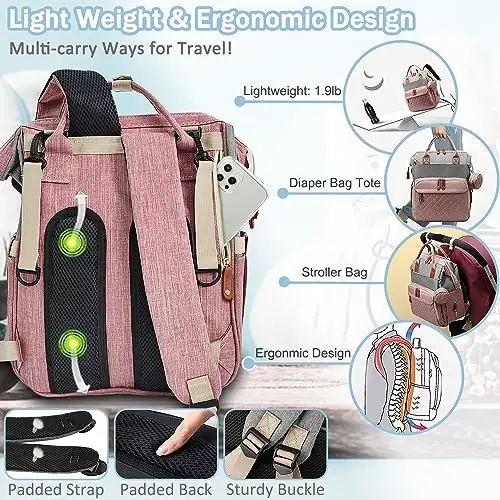 SHITIESHOU Diaper Bag Backpack Baby Bag, Baby Girl Boy Diaper Bag for Dad Mom with Pad, 16 Pockets, Pacifier Case, Large Diaper Bags Unisex for Travel(Pink Grey) - 5