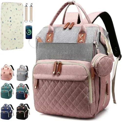 SHITIESHOU Diaper Bag Backpack Baby Bag, Baby Girl Boy Diaper Bag for Dad Mom with Pad, 16 Pockets, Pacifier Case, Large Diaper Bags Unisex for Travel(Pink Grey) - 1
