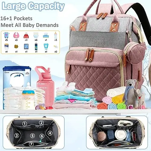 SHITIESHOU Diaper Bag Backpack Baby Bag, Baby Girl Boy Diaper Bag for Dad Mom with Pad, 16 Pockets, Pacifier Case, Large Diaper Bags Unisex for Travel(Pink Grey) - 2