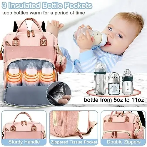 SHITIESHOU Diaper Bag Backpack Baby Bag, Baby Girl Boy Diaper Bag for Dad Mom with Pad,16 Pockets, Pacifier Case, Large Diaper Bags Unisex for Travel (Orange Pink) - 4