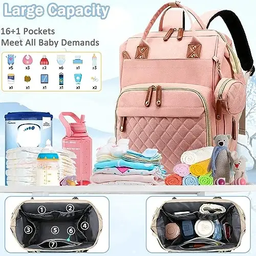 SHITIESHOU Diaper Bag Backpack Baby Bag, Baby Girl Boy Diaper Bag for Dad Mom with Pad,16 Pockets, Pacifier Case, Large Diaper Bags Unisex for Travel (Orange Pink) - SHITIESHOU (1)