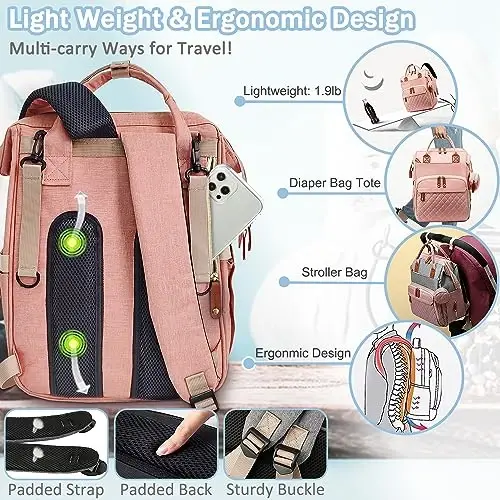 SHITIESHOU Diaper Bag Backpack Baby Bag, Baby Girl Boy Diaper Bag for Dad Mom with Pad,16 Pockets, Pacifier Case, Large Diaper Bags Unisex for Travel (Orange Pink) - 5