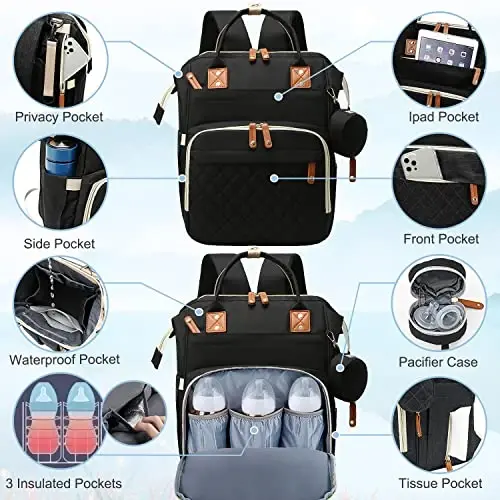 SHITIESHOU Diaper Bag Backpack Baby Bag, Baby Girl Boy Diaper Bag for Dad Mom with Pad, 16 Pockets, Pacifier Case, Large Diaper Bags Unisex for Travel (Black) - 3