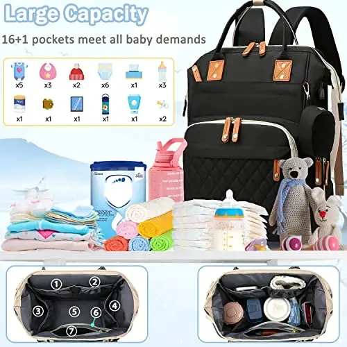 SHITIESHOU Diaper Bag Backpack Baby Bag, Baby Girl Boy Diaper Bag for Dad Mom with Pad, 16 Pockets, Pacifier Case, Large Diaper Bags Unisex for Travel (Black) - SHITIESHOU (1)