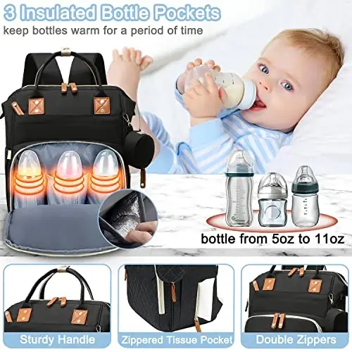 SHITIESHOU Diaper Bag Backpack Baby Bag, Baby Girl Boy Diaper Bag for Dad Mom with Pad, 16 Pockets, Pacifier Case, Large Diaper Bags Unisex for Travel (Black) - 4