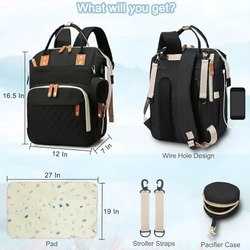 SHITIESHOU Diaper Bag Backpack Baby Bag, Baby Girl Boy Diaper Bag for Dad Mom with Pad, 16 Pockets, Pacifier Case, Large Diaper Bags Unisex for Travel (Black) - 6