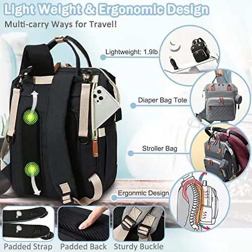 SHITIESHOU Diaper Bag Backpack Baby Bag, Baby Girl Boy Diaper Bag for Dad Mom with Pad, 16 Pockets, Pacifier Case, Large Diaper Bags Unisex for Travel (Black) - 5