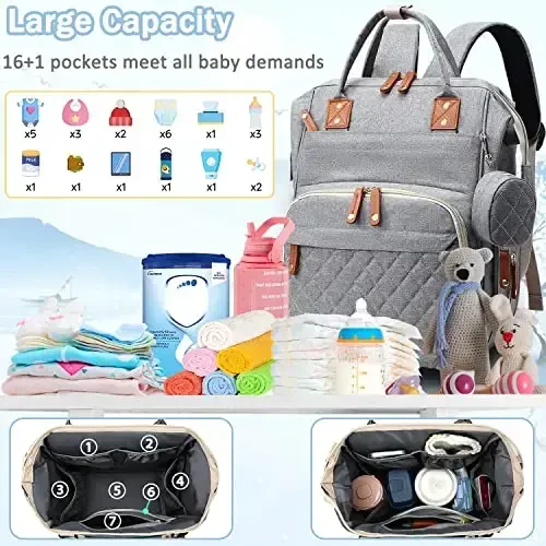 SHITIESHOU Diaper Bag Backpack Baby Bag, Baby Girl Boy Diaper Bag for Dad Mom with Pad, 16 Pockets, Pacifier Case, Large Diaper Bags Unisex for Travel (Grey) - 2