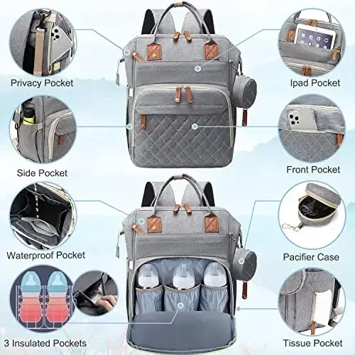SHITIESHOU Diaper Bag Backpack Baby Bag, Baby Girl Boy Diaper Bag for Dad Mom with Pad, 16 Pockets, Pacifier Case, Large Diaper Bags Unisex for Travel (Grey) - 3