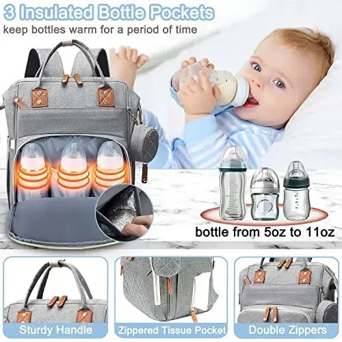 SHITIESHOU Diaper Bag Backpack Baby Bag, Baby Girl Boy Diaper Bag for Dad Mom with Pad, 16 Pockets, Pacifier Case, Large Diaper Bags Unisex for Travel (Grey) - 4