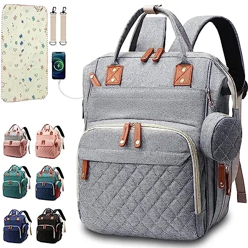 SHITIESHOU Diaper Bag Backpack Baby Bag, Baby Girl Boy Diaper Bag for Dad Mom with Pad, 16 Pockets, Pacifier Case, Large Diaper Bags Unisex for Travel (Grey) - 1