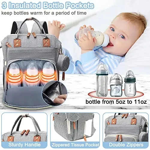 SHITIESHOU Diaper Bag Backpack Baby Bag, Baby Girl Boy Diaper Bag for Dad Mom with Pad, 16 Pockets, Pacifier Case, Large Diaper Bags Unisex for Travel (Grey) - 4