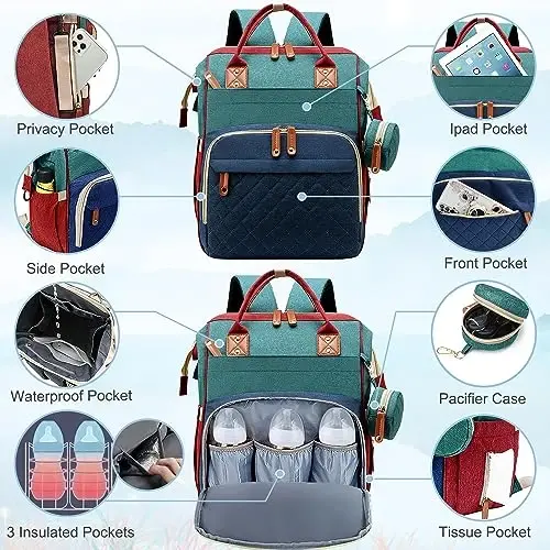 SHITIESHOU Diaper Bag Backpack Baby Bag, Baby Girl Boy Diaper Bag for Dad Mom with Pad, 16 Pockets, Pacifier Case, Large Diaper Bag Unisex for Travel (Colorful) - 2