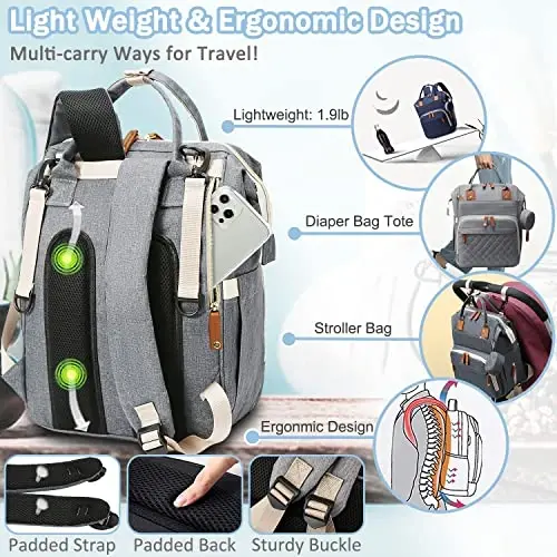 SHITIESHOU Diaper Bag Backpack Baby Bag, Baby Girl Boy Diaper Bag for Dad Mom with Pad, 16 Pockets, Pacifier Case, Large Diaper Bags Unisex for Travel (Grey) - 5