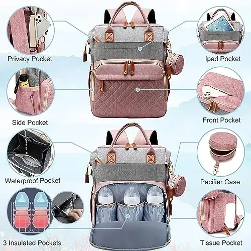SHITIESHOU Diaper Bag Backpack Baby Bag, Baby Girl Boy Diaper Bag for Dad Mom with Pad, 16 Pockets, Pacifier Case, Large Diaper Bags Unisex for Travel(Pink Grey) - 3